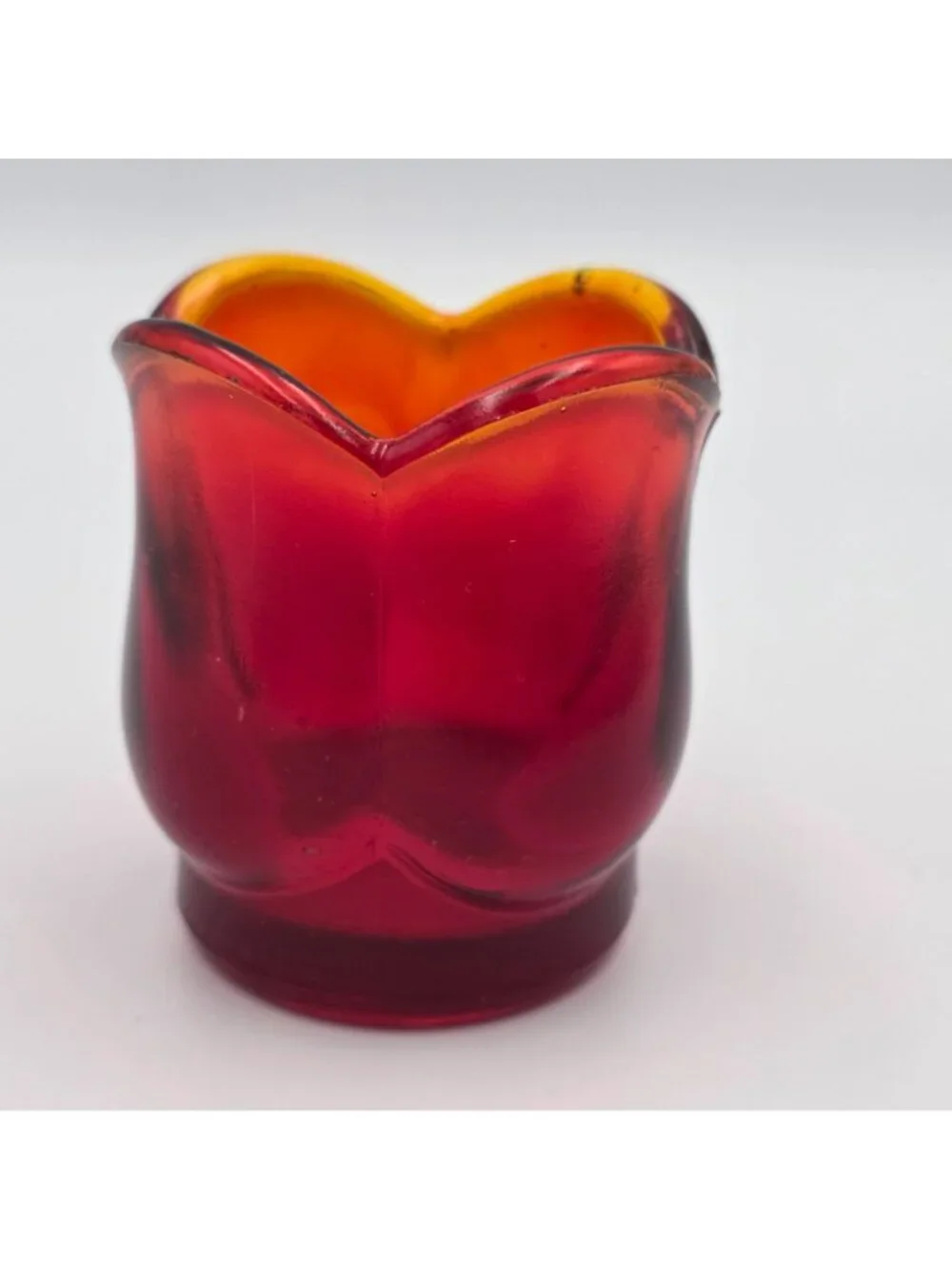 Vintage Glass Tulip Candle Holder Votive Red Orange Cadmium  70s